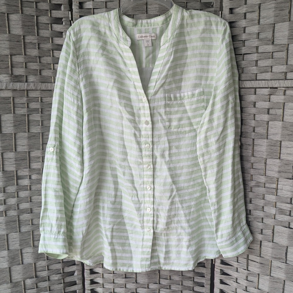 Coldwater Creek Button Up Top Pale Green Striped 100& Linen Sz 14/L Relaxed Fit